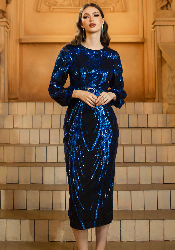 Women long-sleeved round neck sequins Formal Party Maxi evening dress