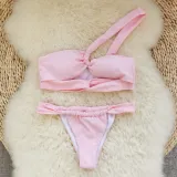 Women Sexy Solid One Shoulder Lace-Up Bikini Swimsuit Three-Piece