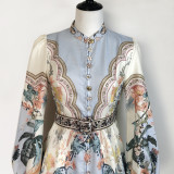 Elegant Print Row Jewelry Button Floral Lantern Sleeve Midi Dress with Belt