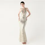 Women Halter Neck high collar hollow fishtail Bodycon fish scale sequin Formal Party evening dress