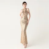 Women Halter Neck high collar hollow fishtail Bodycon fish scale sequin Formal Party evening dress