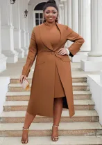 Plus Size Women Turndown Collar Blazer Dress Two Piece Set