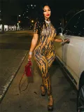 Women Trendy Printed Sexy Stretchy Short-sleeved High Neck Jumpsuit