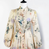 Elegant Print Row Jewelry Button Floral Lantern Sleeve Midi Dress with Belt