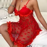 Women Sexy Red Heart Print Mesh Suspender See-Through Dress Sexy Lingerie