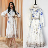 Elegant Print Row Jewelry Button Floral Lantern Sleeve Midi Dress with Belt