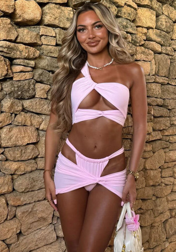 Women Sexy Solid One Shoulder Lace-Up Bikini Swimsuit Three-Piece