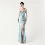 Women beaded sequin fishbone Lace-Up See-Through evening dress