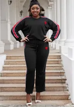 Plus Size Women Patchwork Ribbon Contrast Long Sleeve Top Drawstring Leg Pants Two Piece Set