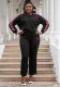 Plus Size Women Patchwork Ribbon Contrast Long Sleeve Top Drawstring Leg Pants Two Piece Set