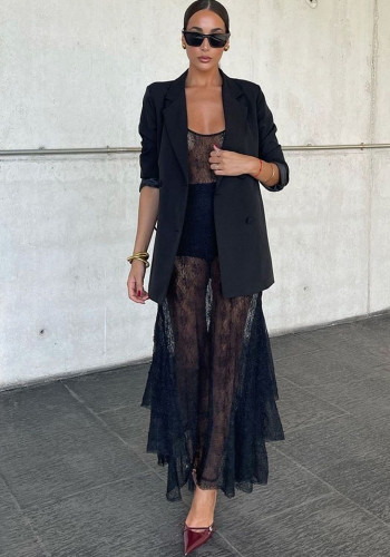 Women Sexy Lace See-Through Strap Maxi Dress
