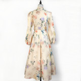 Elegant Print Row Jewelry Button Floral Lantern Sleeve Midi Dress with Belt