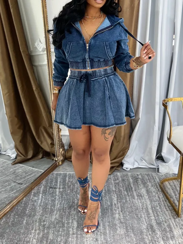 Women Denim Jacket and Skirt Two Piece Set
