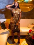 Women Trendy Printed Sexy Stretchy Short-sleeved High Neck Jumpsuit