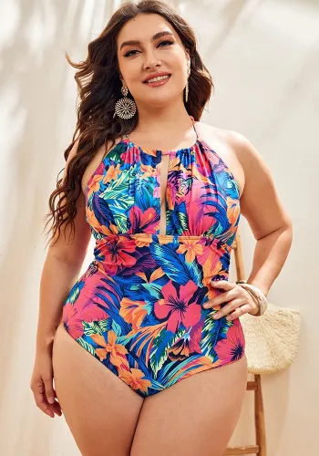 Women Deep V Low Back Print Holidays Plus Size One-Piece Swimsuit
