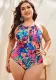 Women Deep V Low Back Print Holidays Plus Size One-Piece Swimsuit