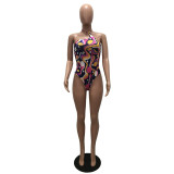Women's fashion sexy Halter Lace-Up Low Back Print Bodysuit