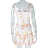 Sexy Sweet Women's Low Back Printed Trendy Strap Slim Waist A-line Short Dress