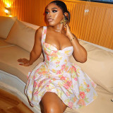 Sexy Sweet Women's Low Back Printed Trendy Strap Slim Waist A-line Short Dress