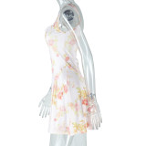Sexy Sweet Women's Low Back Printed Trendy Strap Slim Waist A-line Short Dress