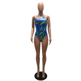 Women's fashion sexy Halter Lace-Up Low Back Print Bodysuit
