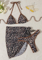 leopard triangle cup print lace-up cover-up sexy Three-Piece swimsuit for women