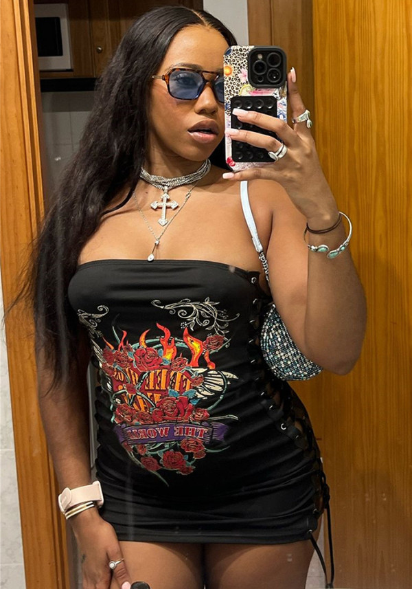 Street Sexy Printed Strapless Bodycon Short Dress