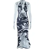 Fashion Print Sexy Halter Neck Slit Long Casual Chic Dress