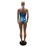 Women's fashion sexy Halter Lace-Up Low Back Print Bodysuit