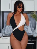 Bikini White Black Contrast Hollow Lace-Up One-piece Swimsuit