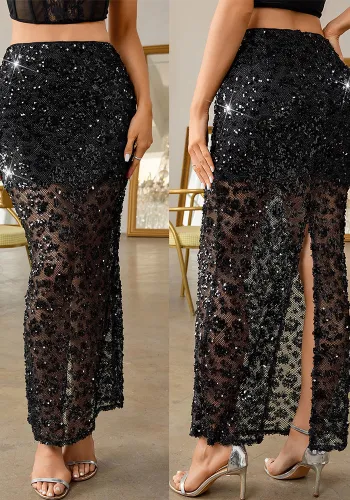 Summer Women's Sexy See-Through Sequin Long Skirt