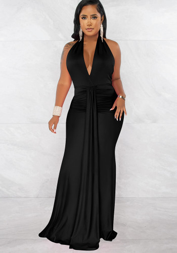 Fashion Women's V-neck Low Back Ribbon Pleated Dress