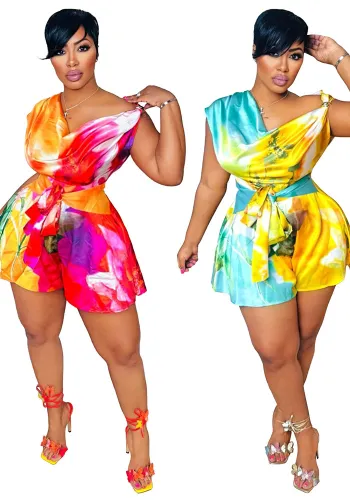 Fashion women's sexy Hollow Back Slash Shoulder print Casual Jumpsuit
