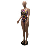 Women's fashion sexy Halter Lace-Up Low Back Print Bodysuit