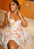 Sexy Sweet Women's Low Back Printed Trendy Strap Slim Waist A-line Short Dress