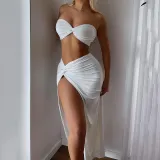 Sexy Strapless Women Summer Fashion Tight Fitting High Waist Slit Skirt Two-piece Set