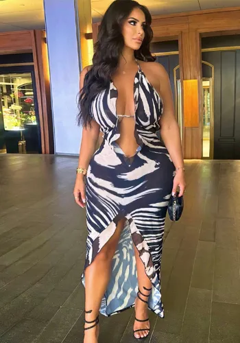 Fashion Print Sexy Halter Neck Slit Long Casual Chic Dress