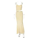 Women Summer Lace See-Through Ruffle Edge Crop Top and Skirt Two Piece Set