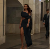 Summer Women Slash Shoulder Hollow Solid Color Sexy Slim Dress