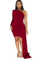 Women Fashion Solid Color Single Sleeve Casual Slash Shoulder Dress