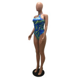 Women's fashion sexy Halter Lace-Up Low Back Print Bodysuit