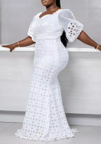 Lady Spring Puff Sleeve Solid Color Hollow Bodycon One-Piece Dress