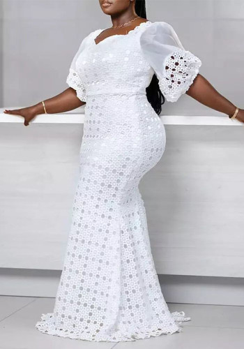 Lady Spring Puff Sleeve Solid Color Hollow Bodycon One-Piece Dress