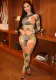 Summer Fashion Sexy Long Sleeve Round Neck Print Top High Waist Bodycon Pants Two Piece Set