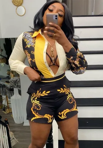 Women's Fashion Sexy Print single-breasted long-sleeved shirt shorts set