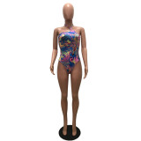 Women's fashion sexy Halter Lace-Up Low Back Print Bodysuit