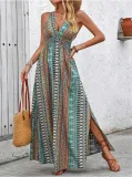 Women Summer Holidays V Neck Print Sleeveless Dress