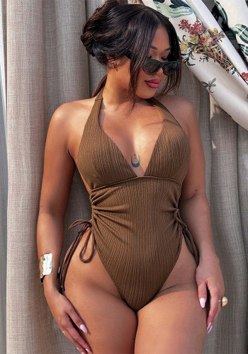 Deep V Hollow Pleated One-piece Swimsuit