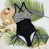 contrast color drawstring slim sexy one-piece swimsuit for women