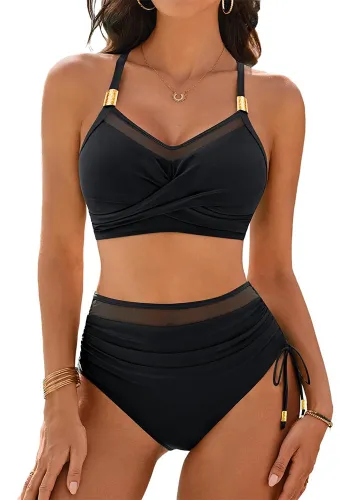 mesh Patchwork gathered drawstring sexy Two Pieces bikini swimsuit for women